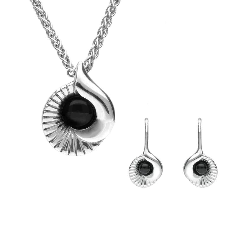 Sterling Silver Whitby Jet Seashell Two Piece Set