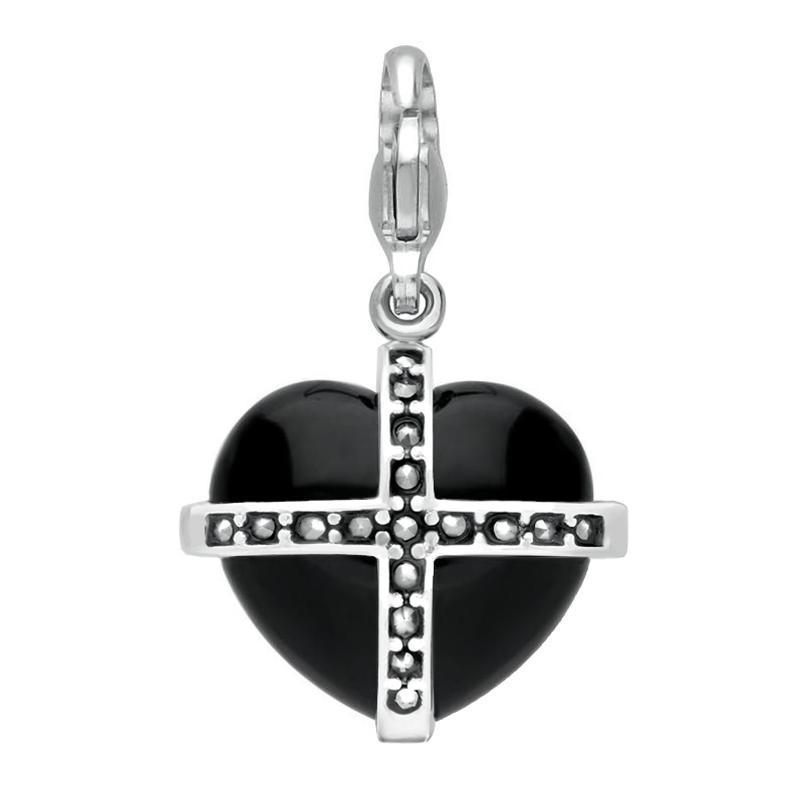 Sterling Silver Whitby Jet Seventeen Marcasite Medium Cross Heart Charm - Silver