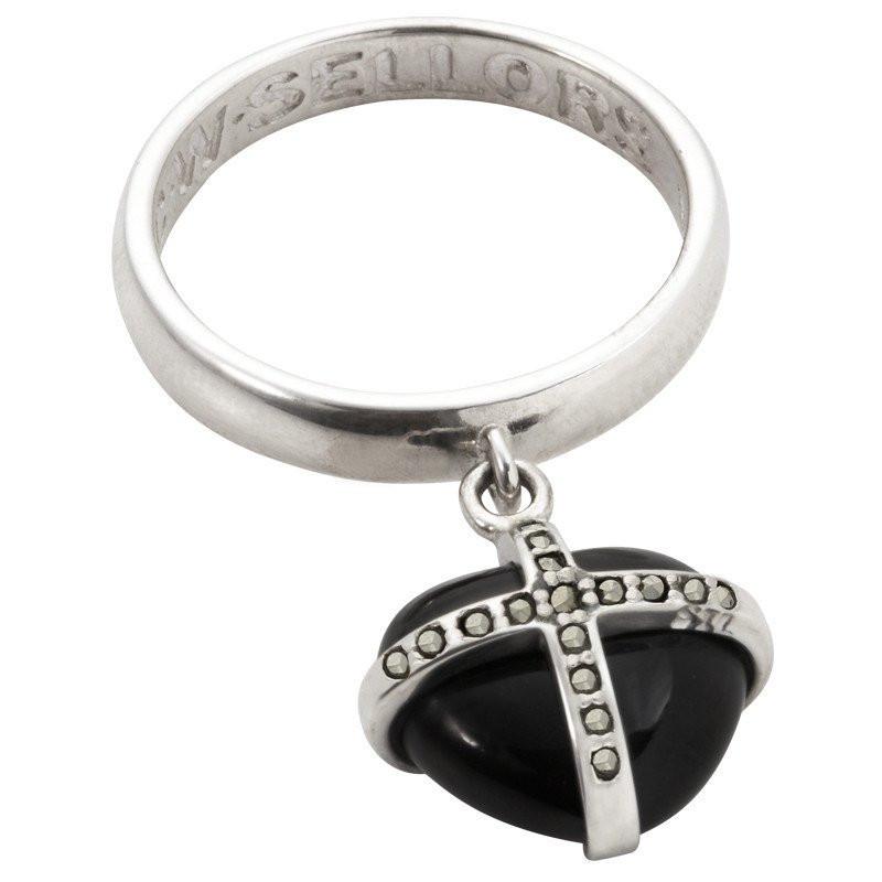 Silver Whitby Jet Seventeen Marcasite Cross Heart Dropper Ring - Silver