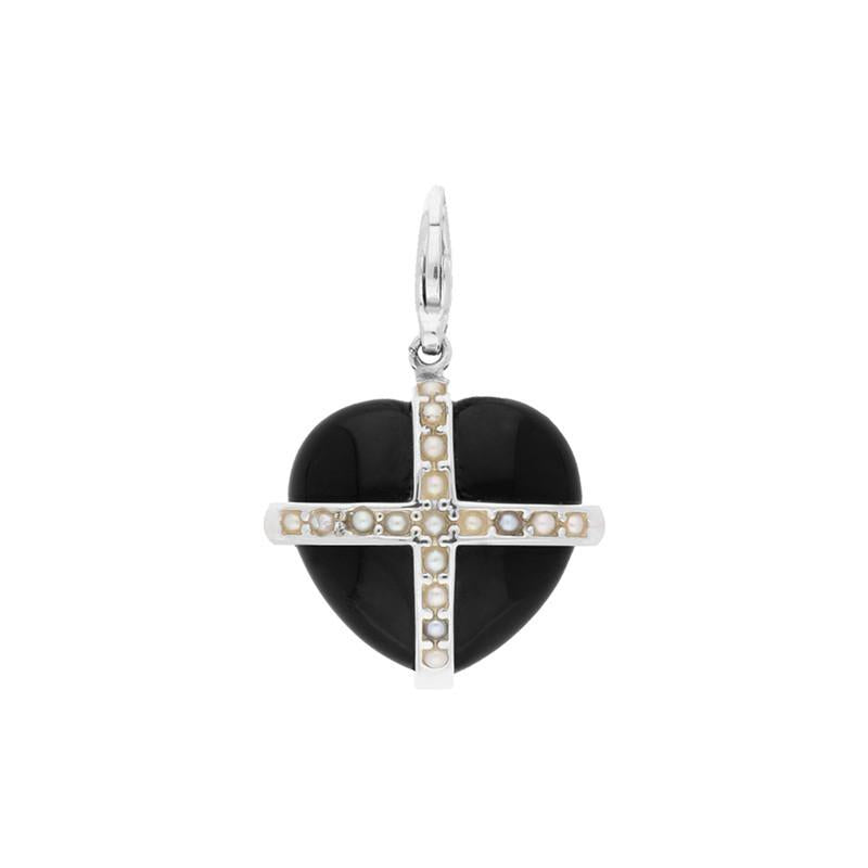 Sterling Silver Whitby Jet Seventeen Pearl Medium Cross Heart Charm