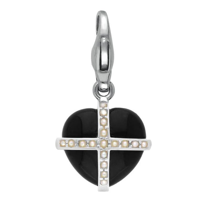 Sterling Silver Whitby Jet Seventeen Pearl Small Cross Heart Charm - Option1 Value Silver