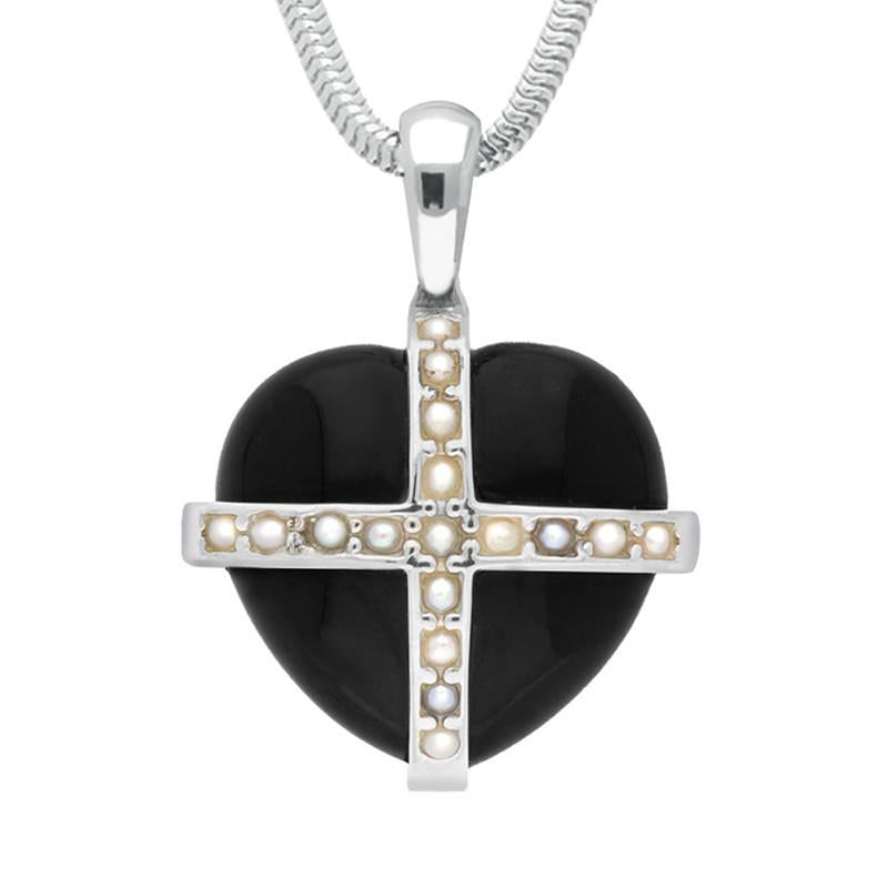 Sterling Silver Whitby Jet Seventeen Pearl Small Cross Heart Necklace - Silver
