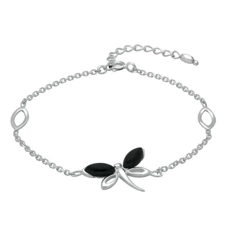 Sterling Silver Whitby Jet Single Butterfly Bracelet