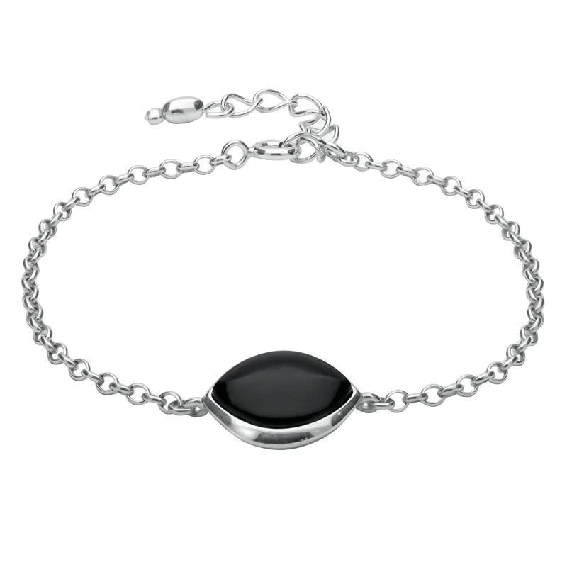 Sterling Silver Whitby Jet Single Wide Marquise Bracelet