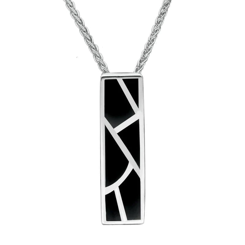 Sterling Silver Whitby Jet Six Stone Oblong Shaped Necklace - Silver