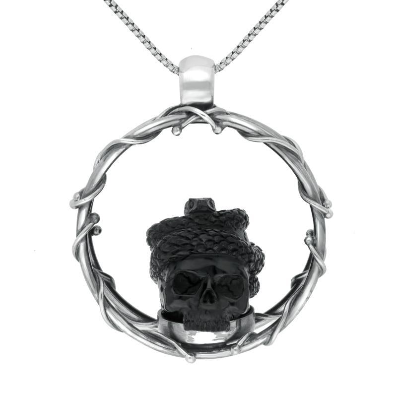 Sterling Silver Whitby Jet Skull And Snake Necklace - Option1 Value Silver