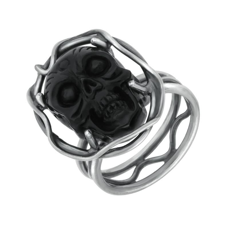 Sterling Silver Whitby Jet Skull Branch Surround Ring - P