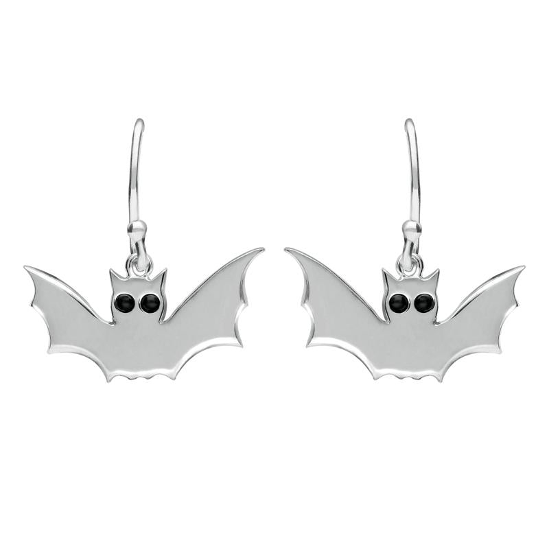 Sterling Silver Whitby Jet Small Bat Hook Earrings. - Silver