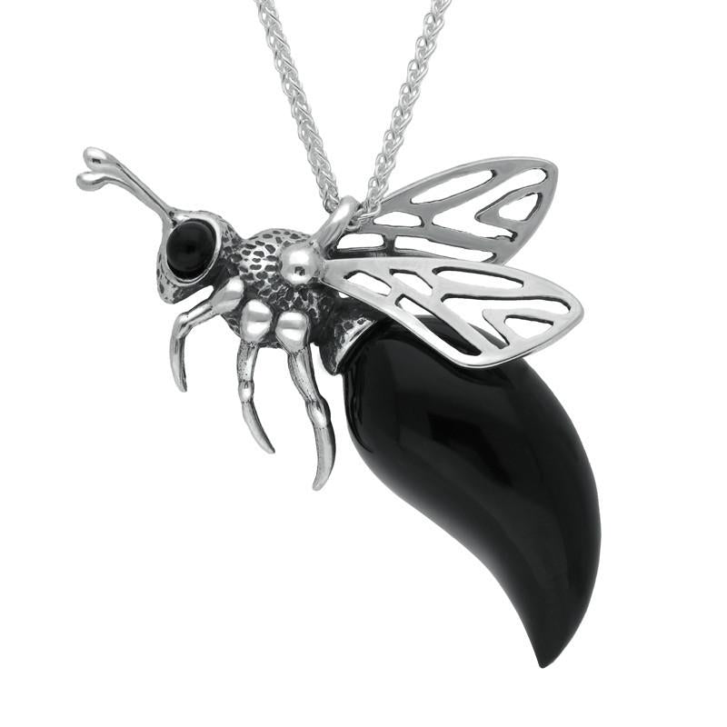 Sterling Silver Whitby Jet Small Bee Necklace - Silver