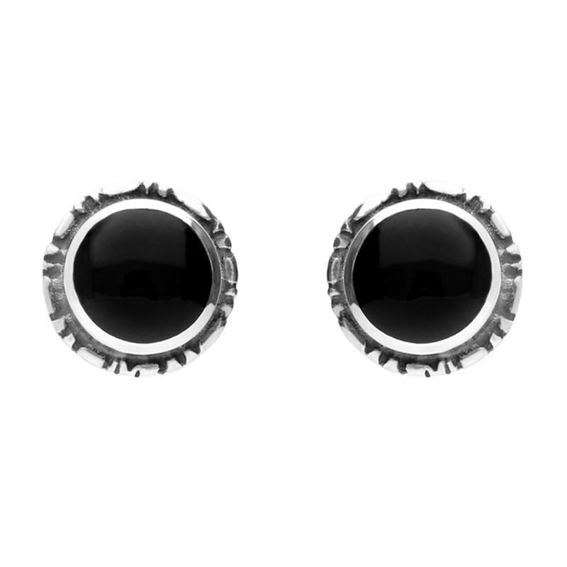 Sterling Silver Whitby Jet Small Circle Rope Edge Stud Earrings - Silver