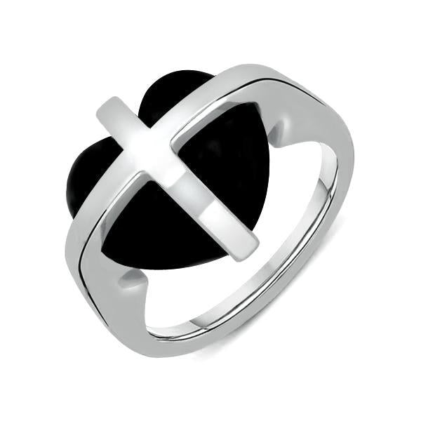 Sterling Silver Whitby Jet Cross Heart Ring - Silver