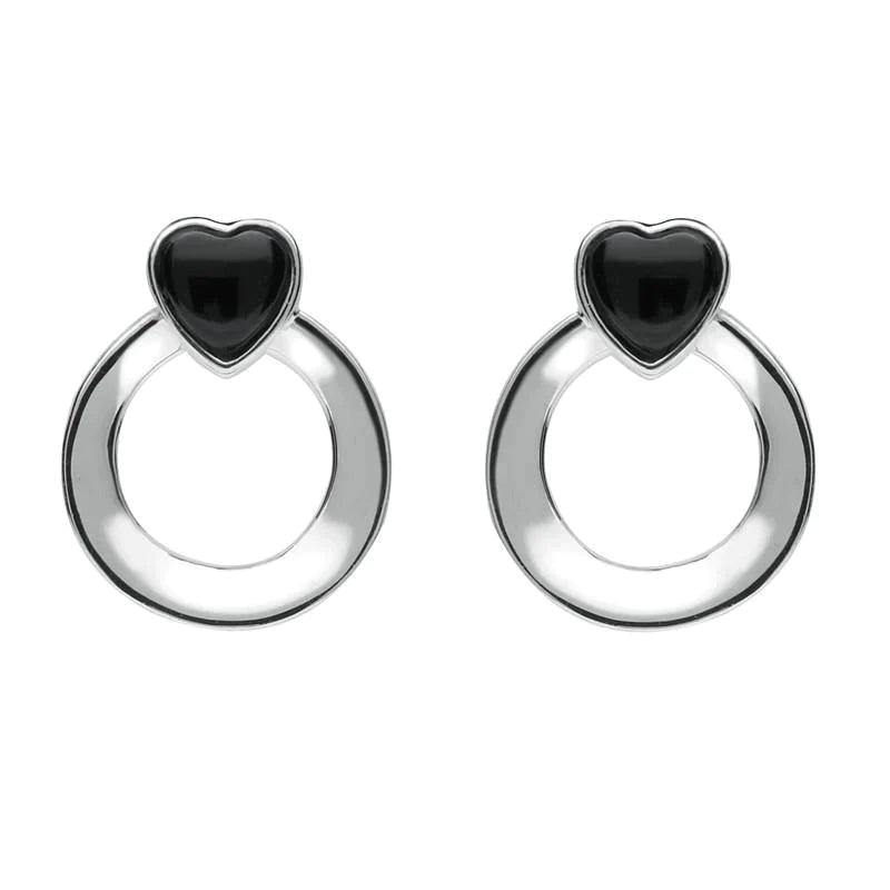 Sterling Silver Whitby Jet Small Heart Circle Stud Earrings - Silver