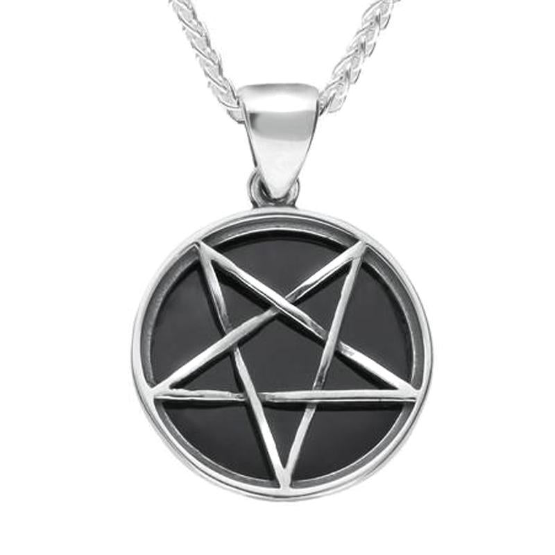 Sterling Silver Whitby Jet Small Inverse Pentagram Necklace - Silver
