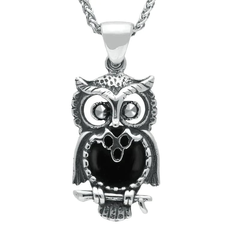 Sterling Silver Whitby Jet Small Owl Necklace - Silver