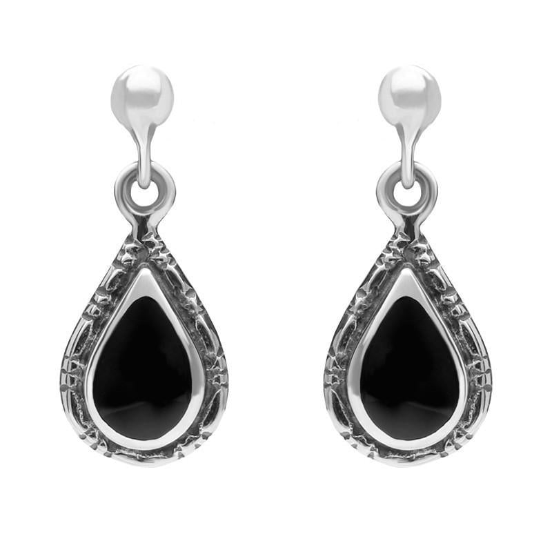 Sterling Silver Whitby Jet Small Pear Drop Earrings - Silver