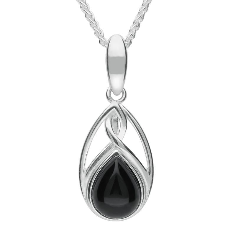Sterling Silver Whitby Jet Small Pear Twist Celtic Necklace - Option1 Value Silver