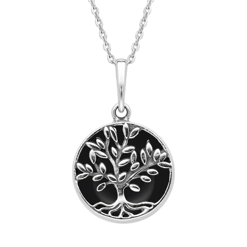 Sterling Silver Whitby Jet Small Round Large Leaves Tree of Life Necklace