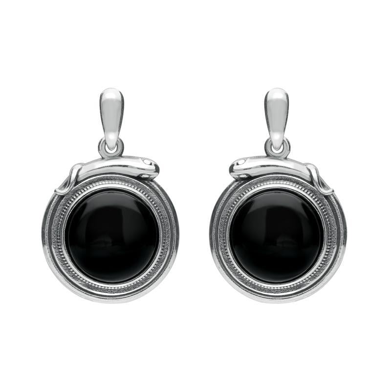 Sterling Silver Whitby Jet Small Round Snake Edge Drop Earrings - Silver