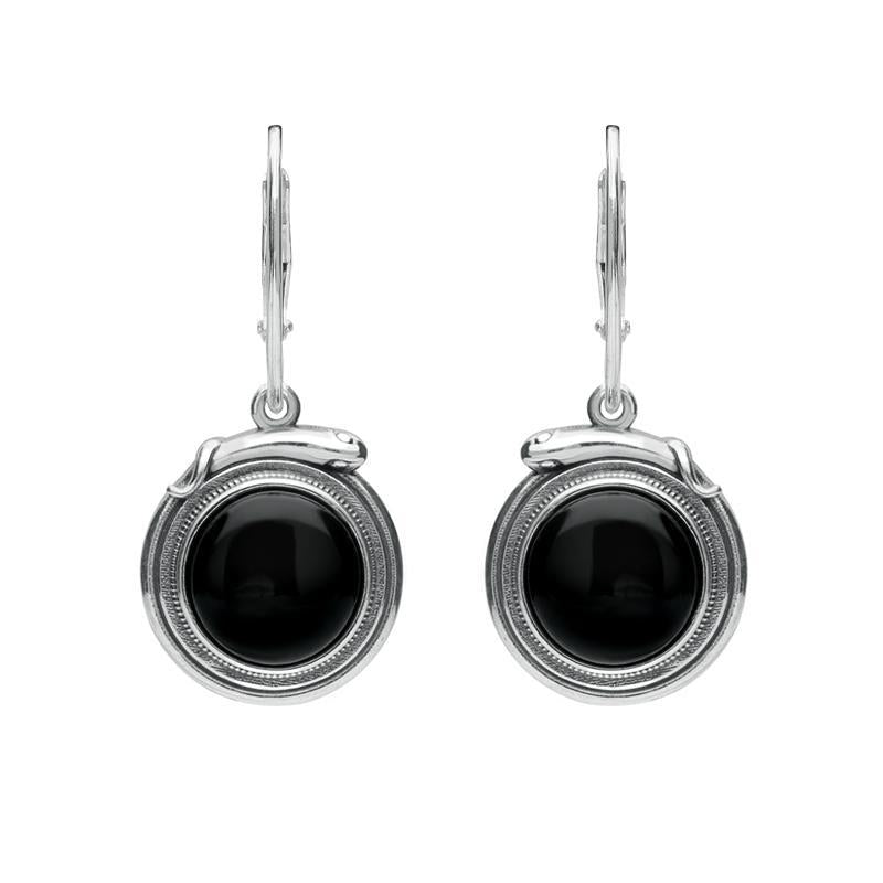 Sterling Silver Whitby Jet Small Round Snake Edge Hook Drop Earrings - Silver