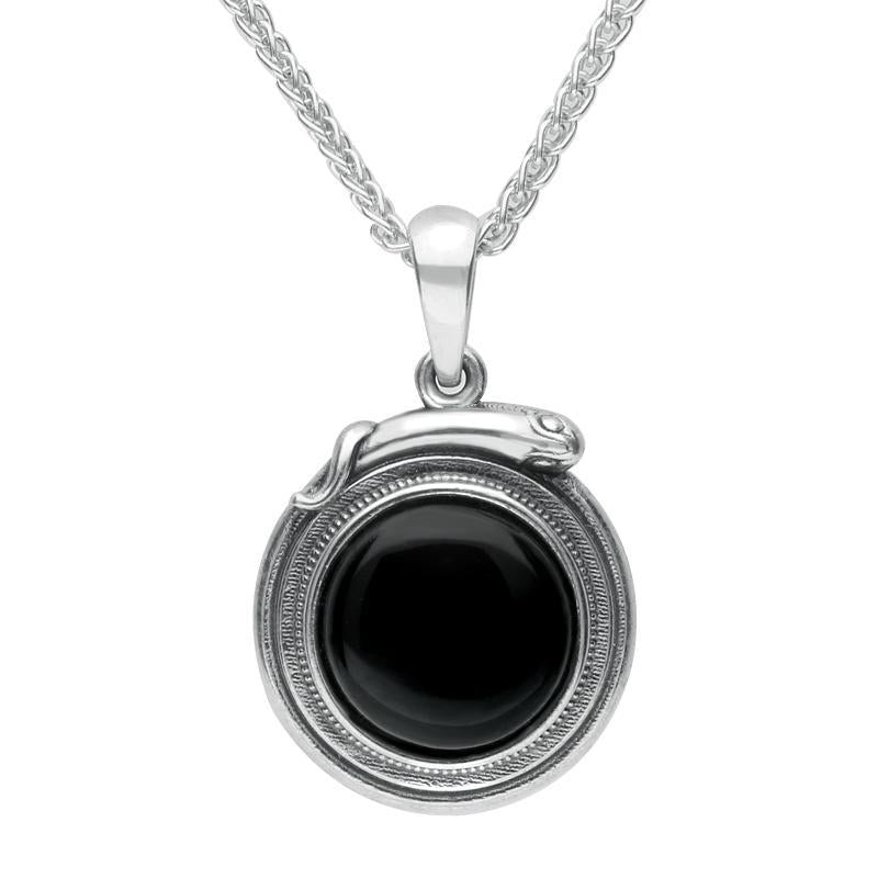 Sterling Silver Whitby Jet Small Round Snake Edge Necklace - Silver