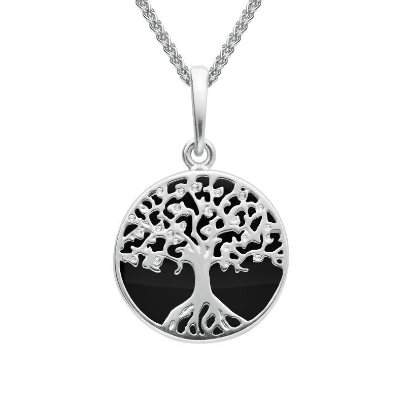 Sterling Silver Whitby Jet Small Round Tree of Life Necklace