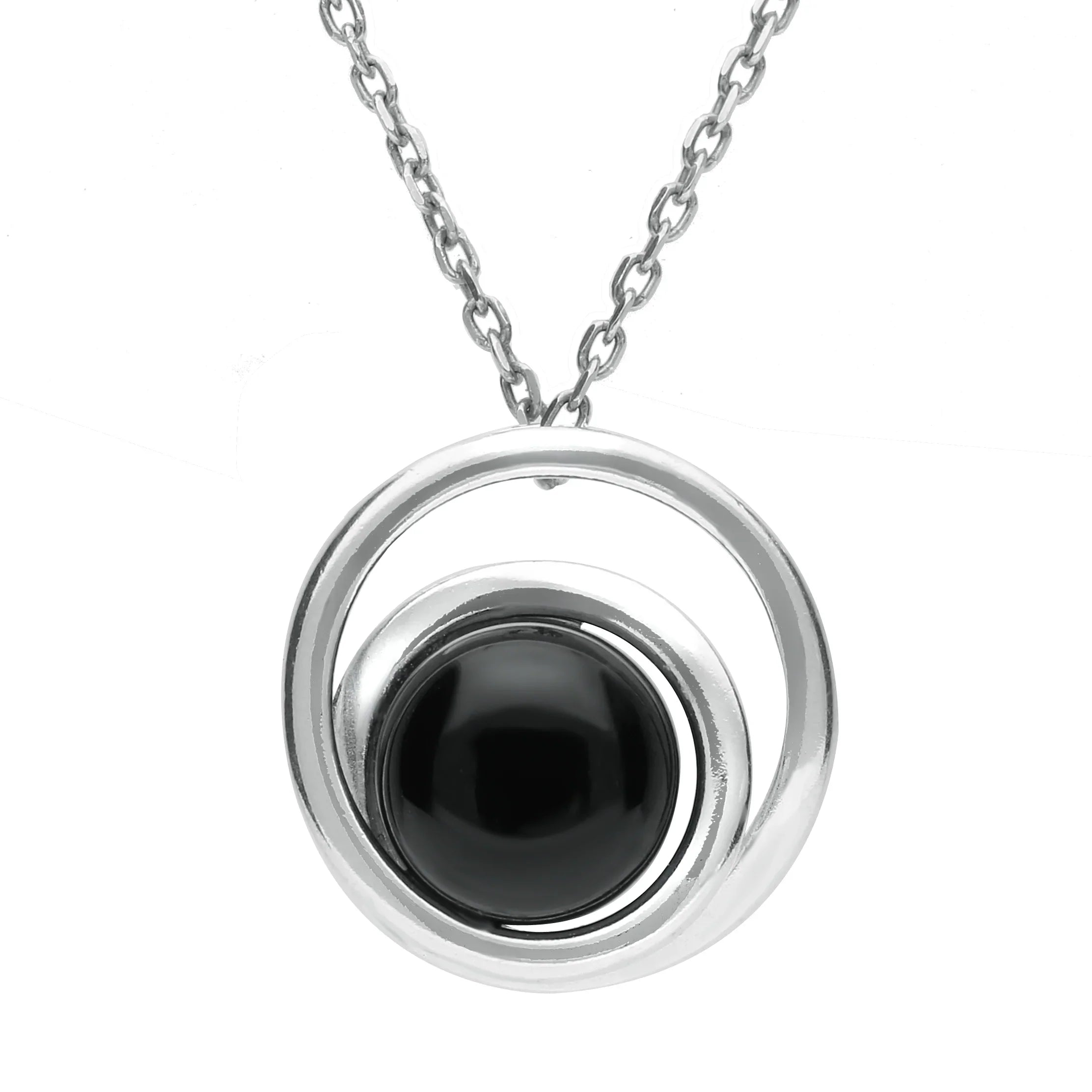 Sterling Silver Whitby Jet Small Swirl Necklace - Silver