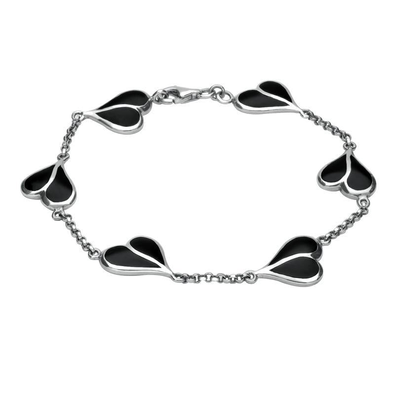 Sterling Silver Whitby Jet Split Heart Bracelet - Silver