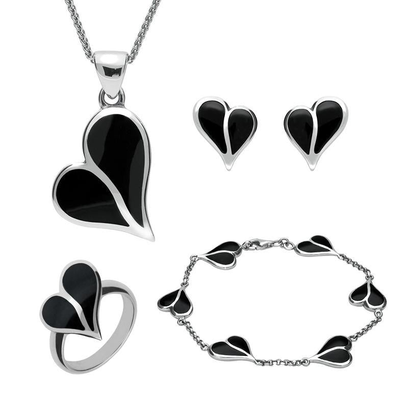 Sterling Silver Whitby Jet Split Heart Four Piece Set - Silver