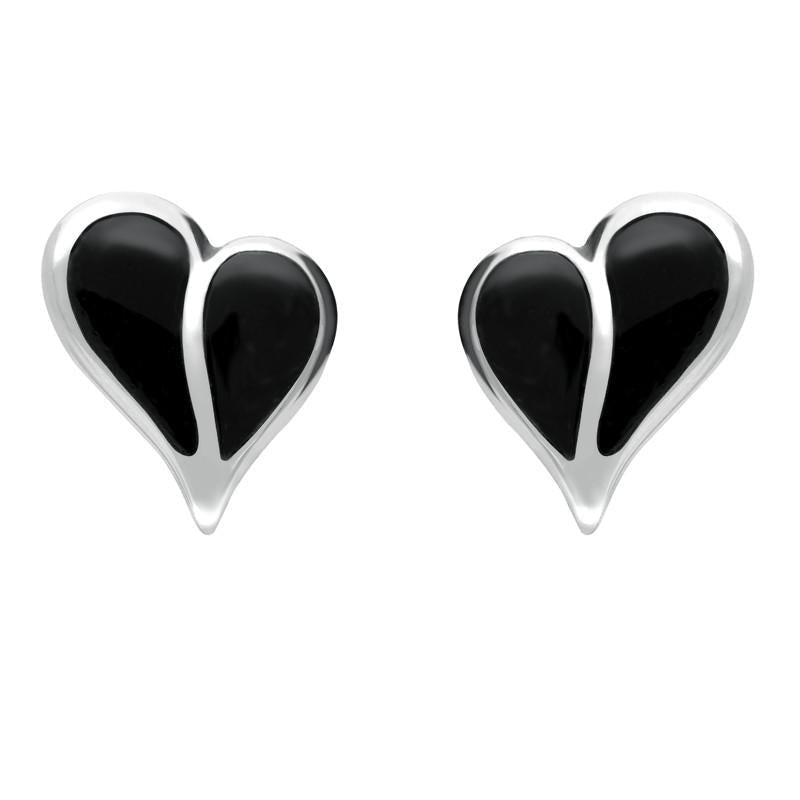 Sterling Silver Whitby Jet Split Heart Stud Earrings - Silver
