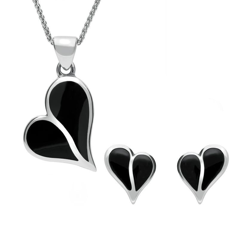 Sterling Silver Whitby Jet Split Heart Two Piece Set - Silver