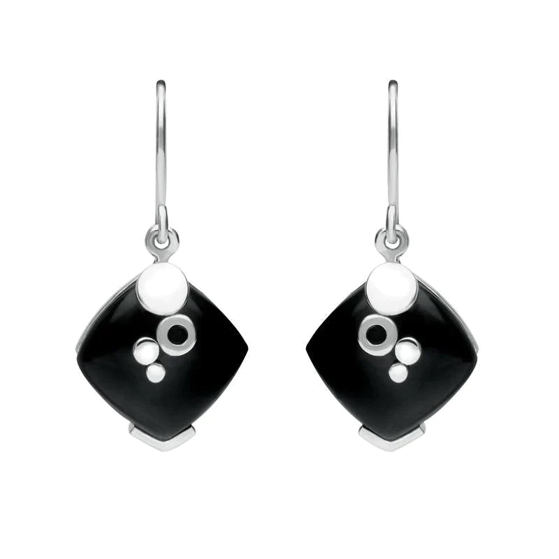 Sterling Silver Whitby Jet Square Bubble Detail Earrings - Silver