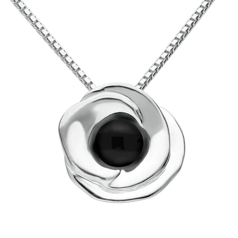 Sterling Silver Whitby Jet Stone Rose Necklace - Silver