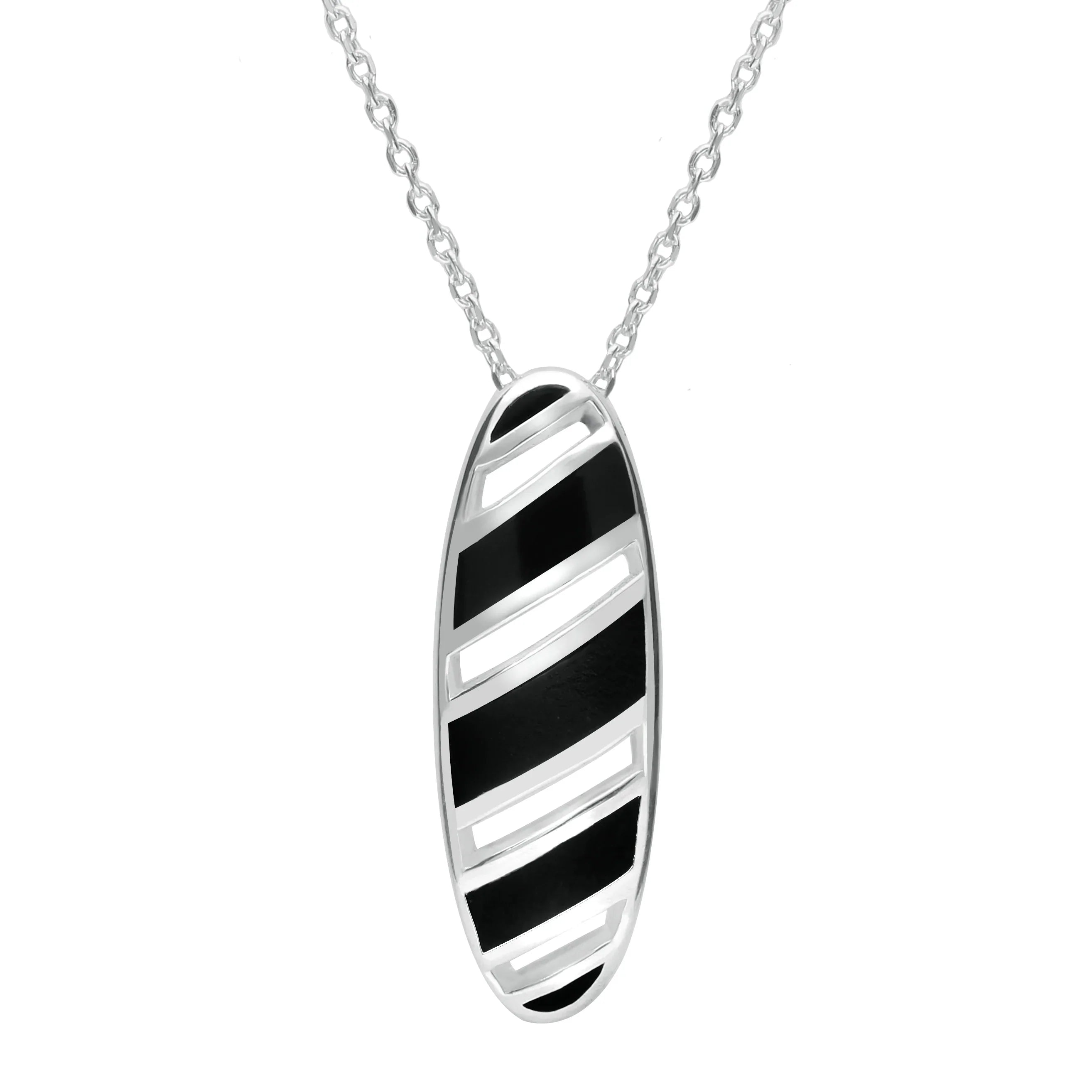 Sterling Silver Whitby Jet Striped Open Oval Necklace D - Silver
