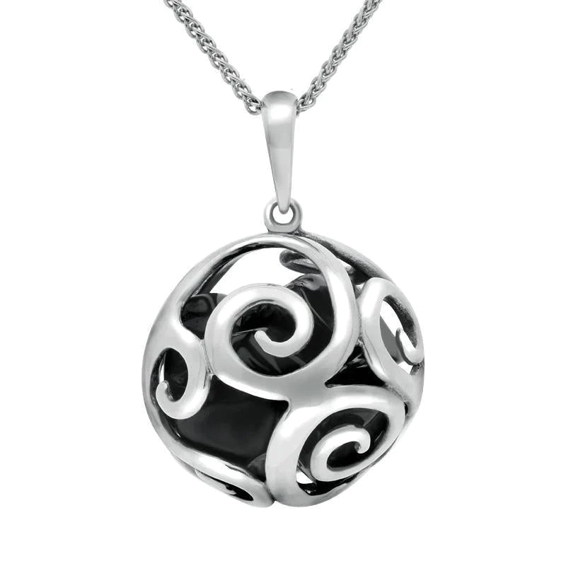 Sterling Silver Whitby Jet Swirl Cage Bead Ball Necklace - Silver