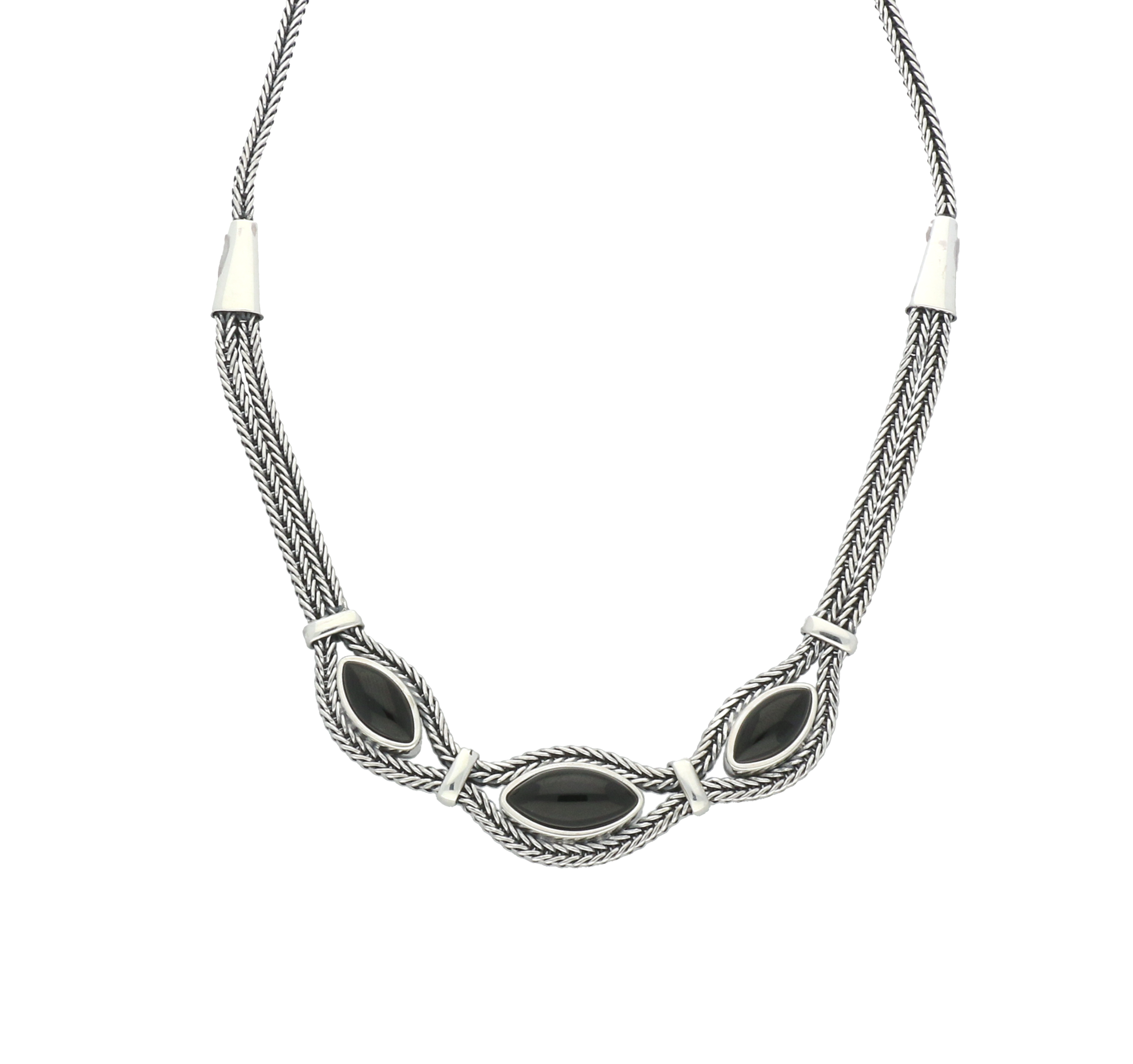 Sterling Silver Whitby Jet Three Stone Marquise Foxtail Necklace D - Option1 Value Silver