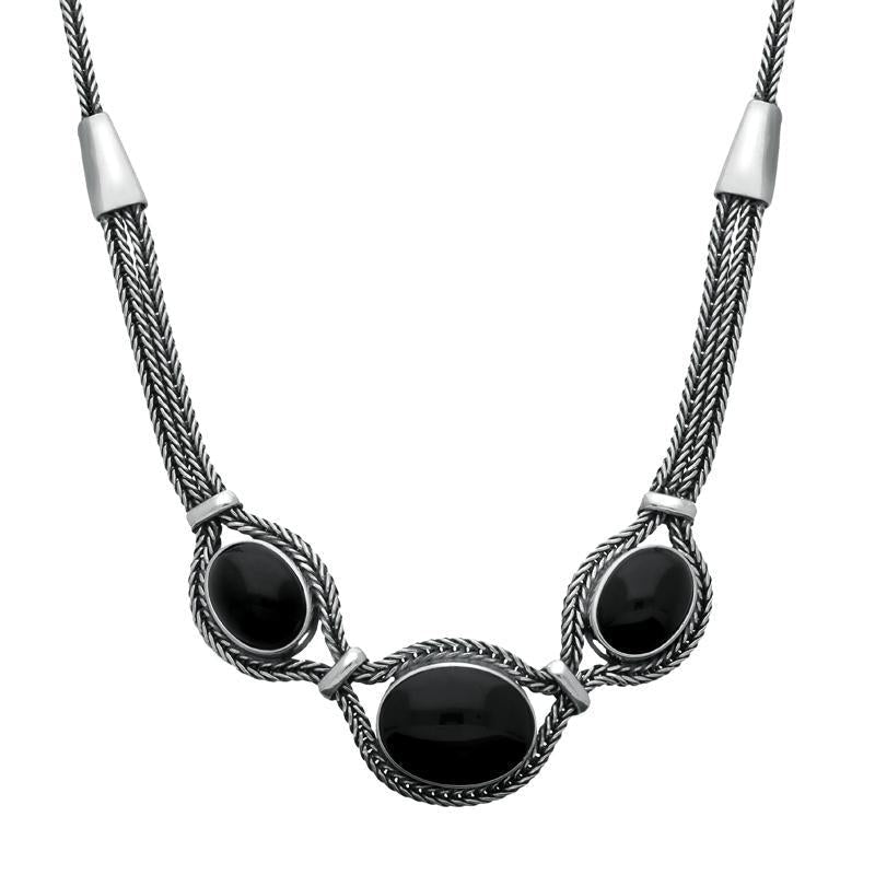 Sterling Silver Whitby Jet Three Stone Oval Foxtail Necklace - Option1 Value Silver
