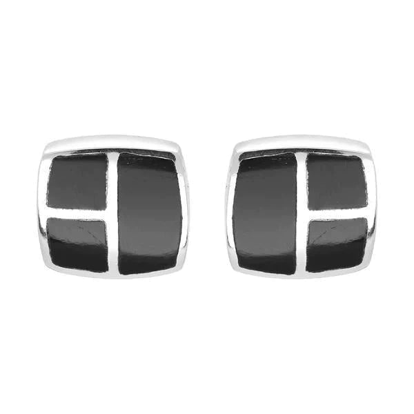 Sterling Silver Whitby Jet Three Stone Square Stud Earrings
