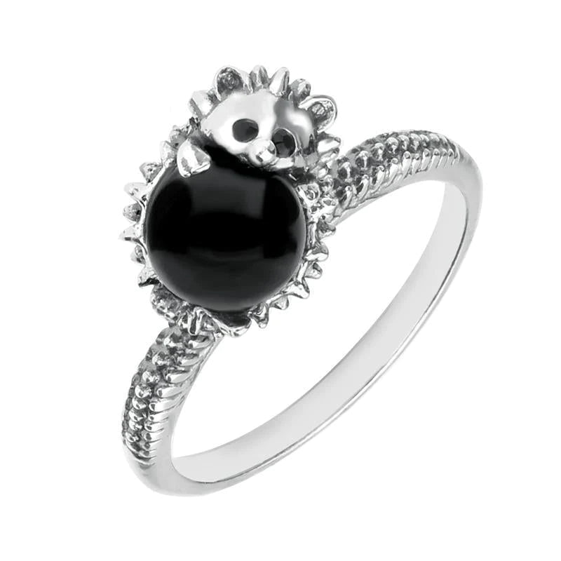 Sterling Silver Whitby Jet Tiny Hedgehog Ring - Silver