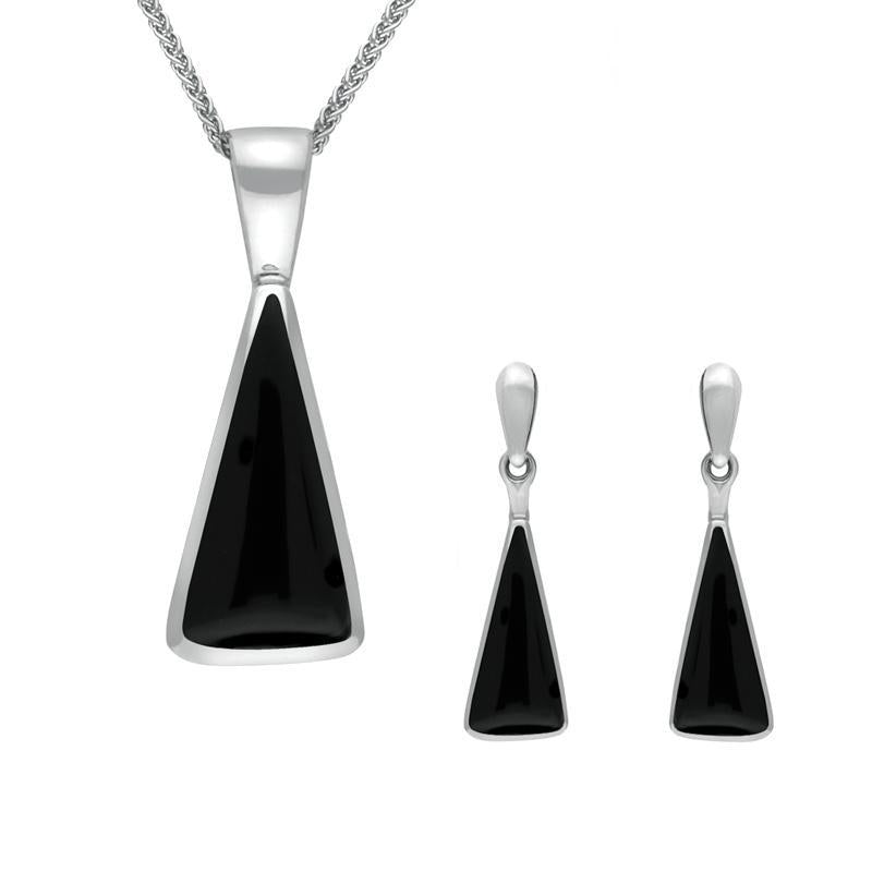 Sterling Silver Whitby Jet Triangle Drop Necklace and Earring Set