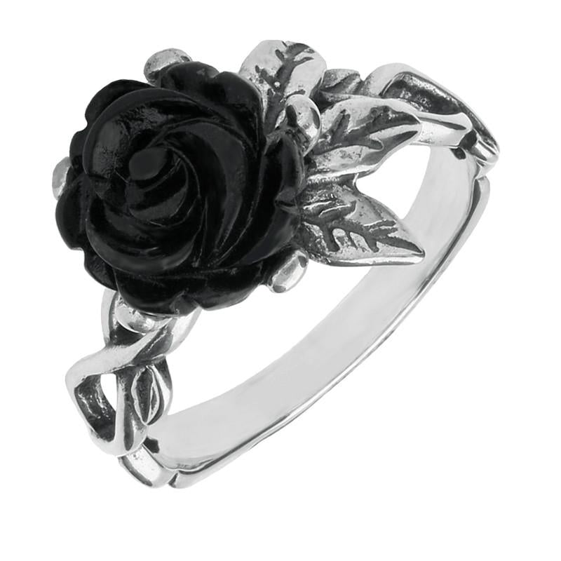 Sterling Silver Whitby Jet Tuberose 10mm Rose Leaf Twist Ring - Silver