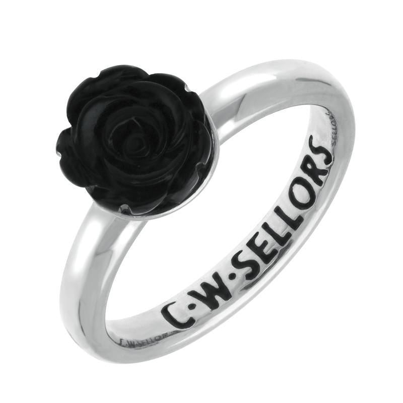 Sterling Silver Whitby Jet Tuberose 12mm Rose Ring