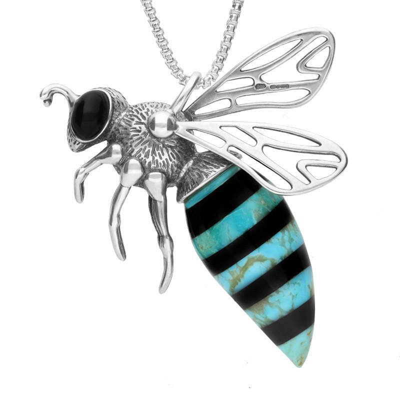 Sterling Silver Whitby Jet Turquoise Large Bee Necklace - Silver