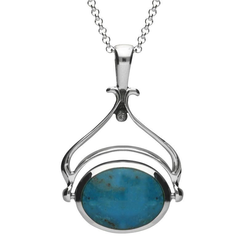 Sterling Silver Whitby Jet Turquoise Oval Space Swivel Fob Necklace - Silver