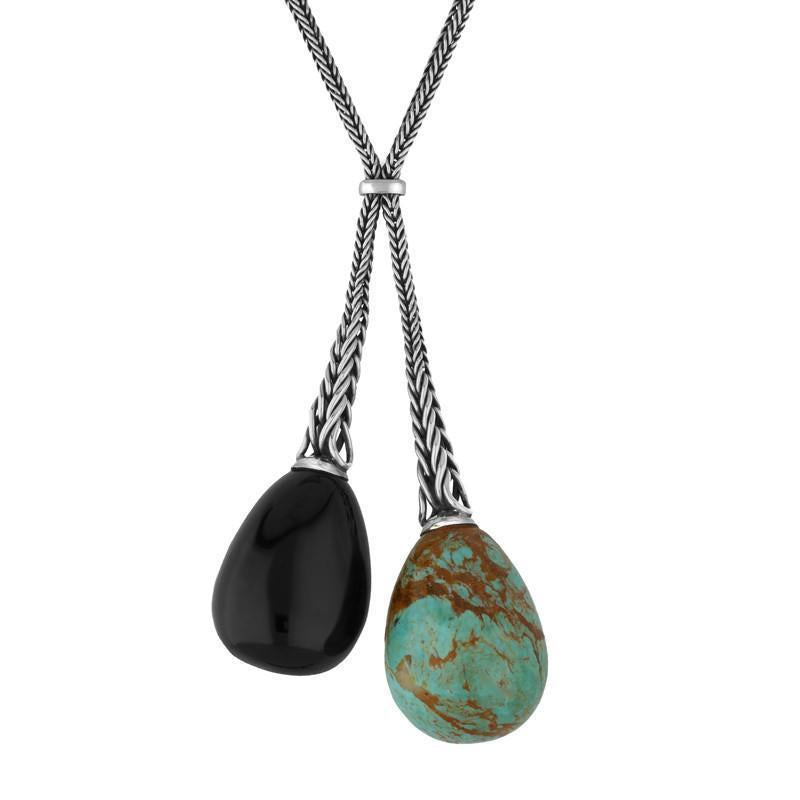 Sterling Silver Whitby Jet & Turquoise Tapered Double Dropper Necklace D - Silver
