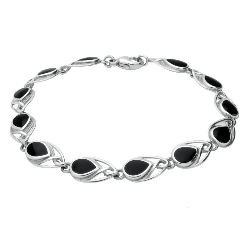 Sterling Silver Whitby Jet Celtic Twelve Stone Pear Bracelet - Option1 Value Silver