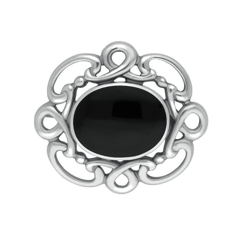 Sterling Silver Whitby Jet Twisted Rope Edge Brooch - Silver