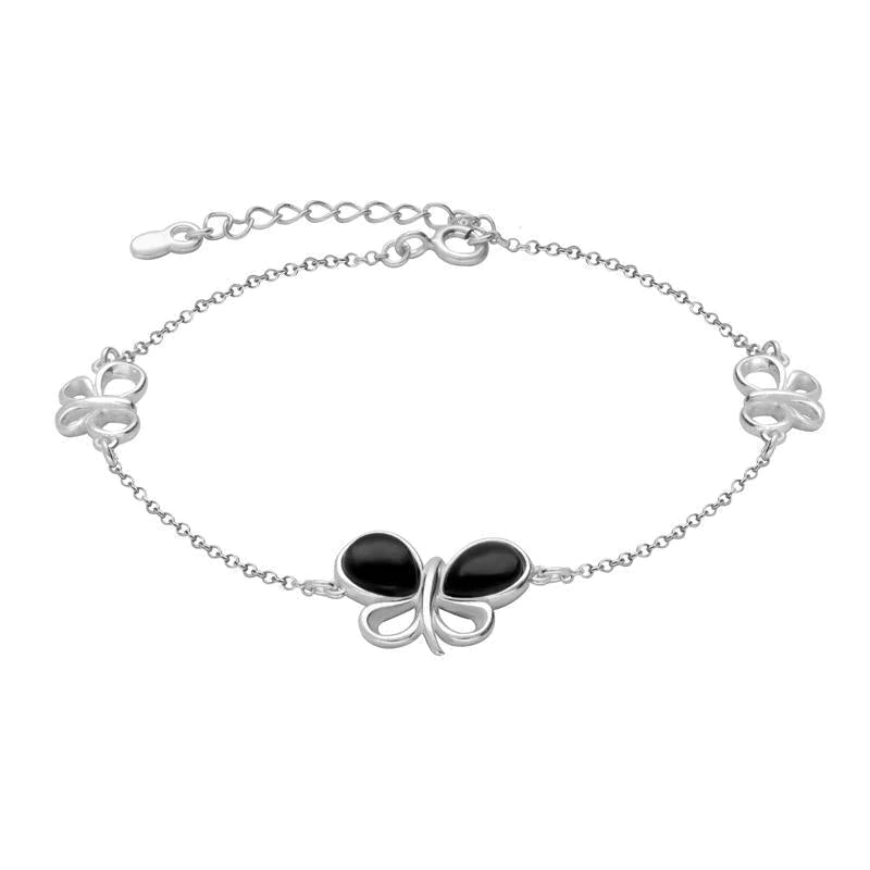 Sterling Silver Whitby Jet Two Stone Butterfly Bracelet