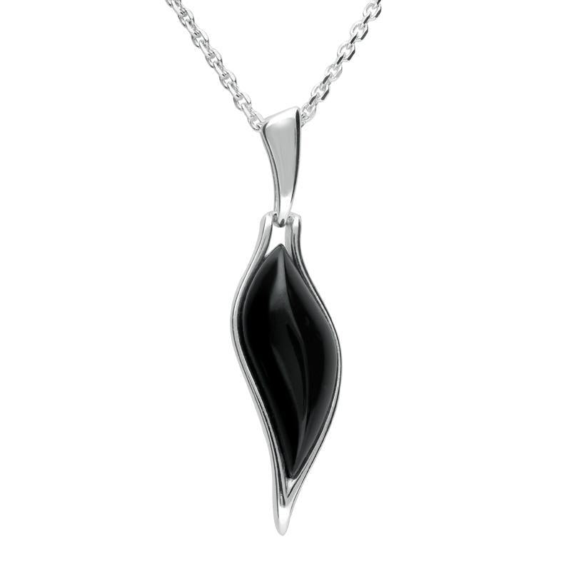 Sterling Silver Whitby Jet Wavy Marquise Drop Necklace - Silver