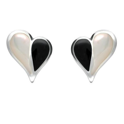 Sterling Silver Whitby Jet Mother of Pearl Split Heart Stud Earrings - Silver
