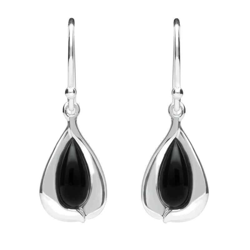 Sterling Silver Whitby Jet Wide Edge Pear Hook Earrings - Silver